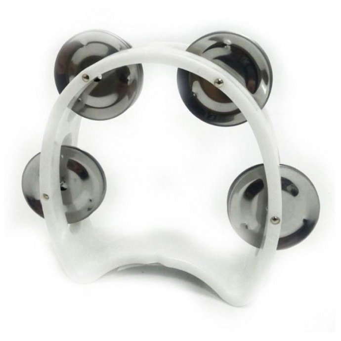 Pandereta media luna pequeña, 4 sonajas 4.5” x 5.5” Blanca